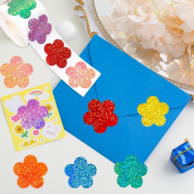 RUPOFUZA 500Pcs Spring Vinyl Floral Stickers Roll 1in Glitter Stickers 8 Colors Flower Label Tag Self-Adhesive Classroom Reward Waterproof Decals for Envelope Bottle Birthday Party Decor - Image 3